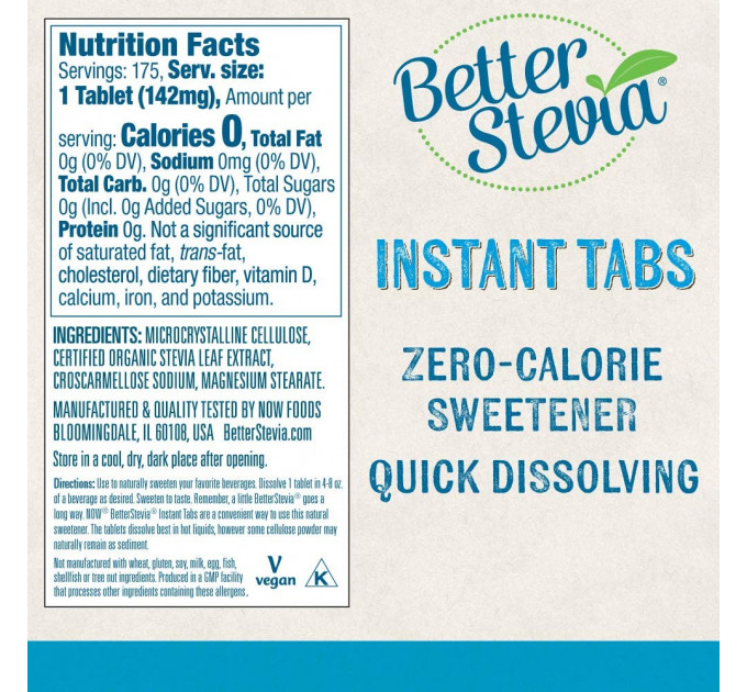 NOW Foods, Better Stevia Instant Tabs, Zero-Calorie Sweetener, Certified Non-GMO, Gluten-Free, 175 Tablets Натуральный подсластитель 